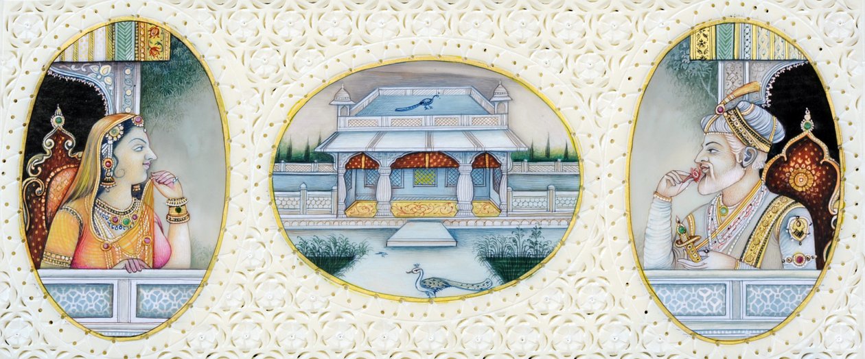 Pintura en miniatura del emperador mogol Aurangzeb con su esposa Mehrunnisa de School Indian