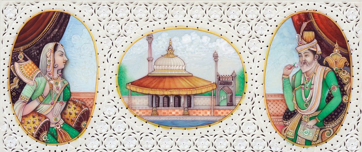 Pintura en miniatura del emperador mogol Humayun con su esposa Jhanvi de School Indian