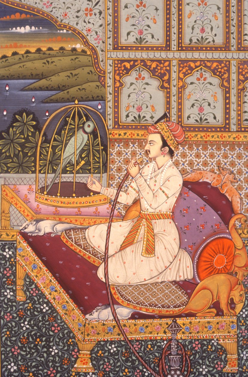 Pintura en miniatura de un príncipe mogol disfrutando del Hooka, India de School Indian