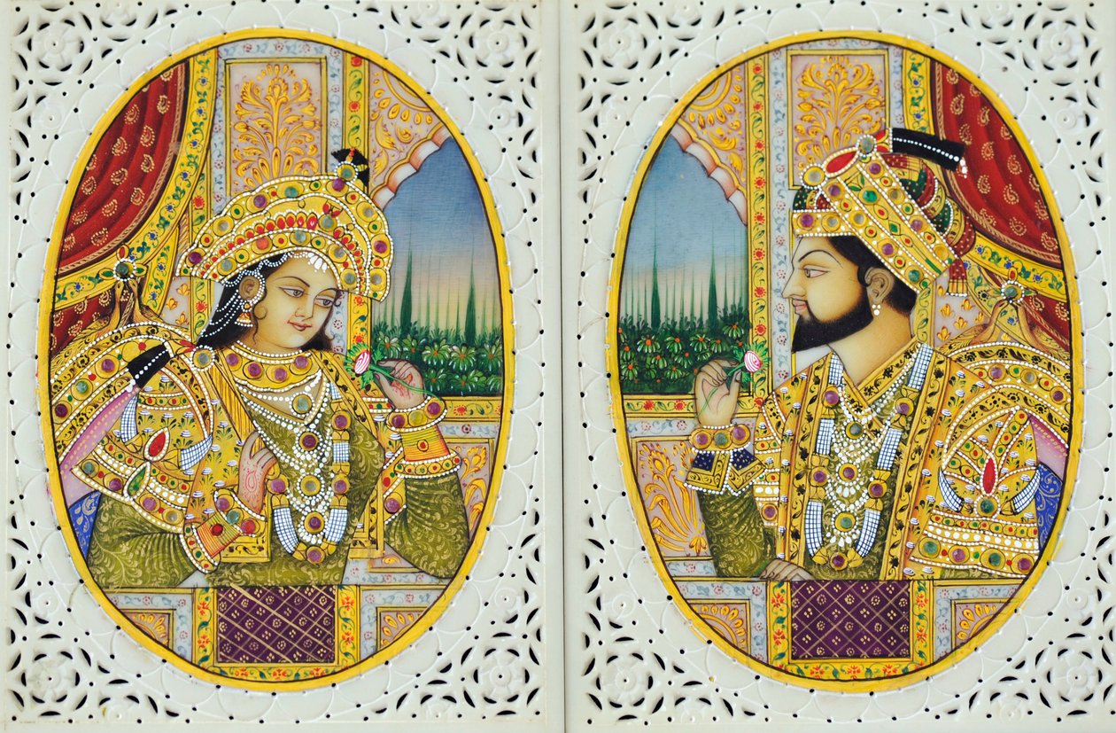 Pintura en miniatura de Shah Jahan con su esposa Mumtaj Mahal India Asia de School Indian