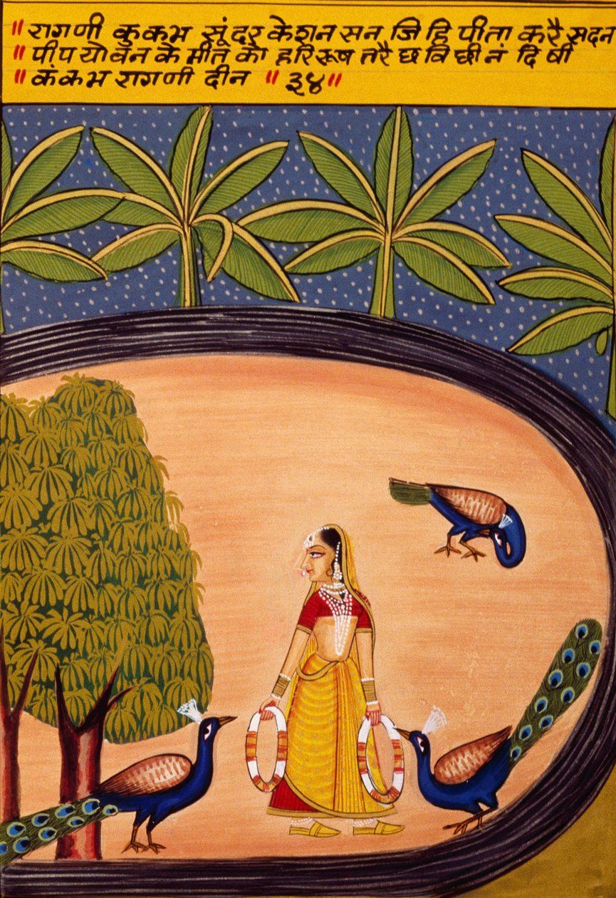 Pintura en miniatura sobre papel, Ragini Kukumb, Escuela de Nathdwara de School Indian