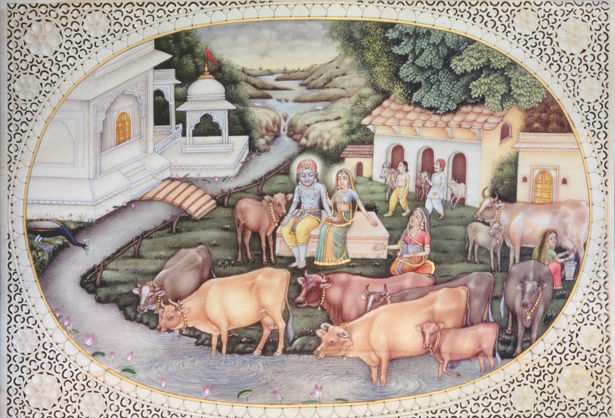 Miniatura de Krishna lechera sentada en un campo con ganado (acuarela sobre marfil) de School Indian