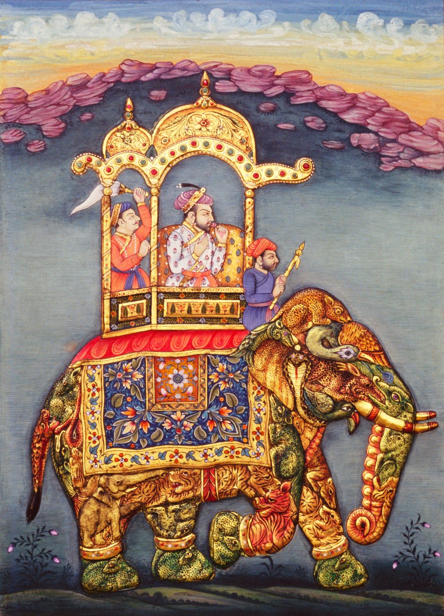 El rey mogol Shah Jahan montado en elefante de School Indian