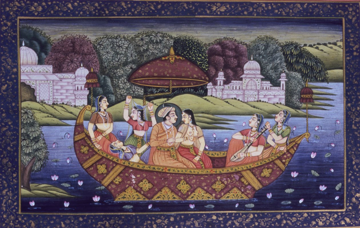Pintura mogol en miniatura sobre papel, Rey escena de amor y disfrutando de la música en barco de School Indian