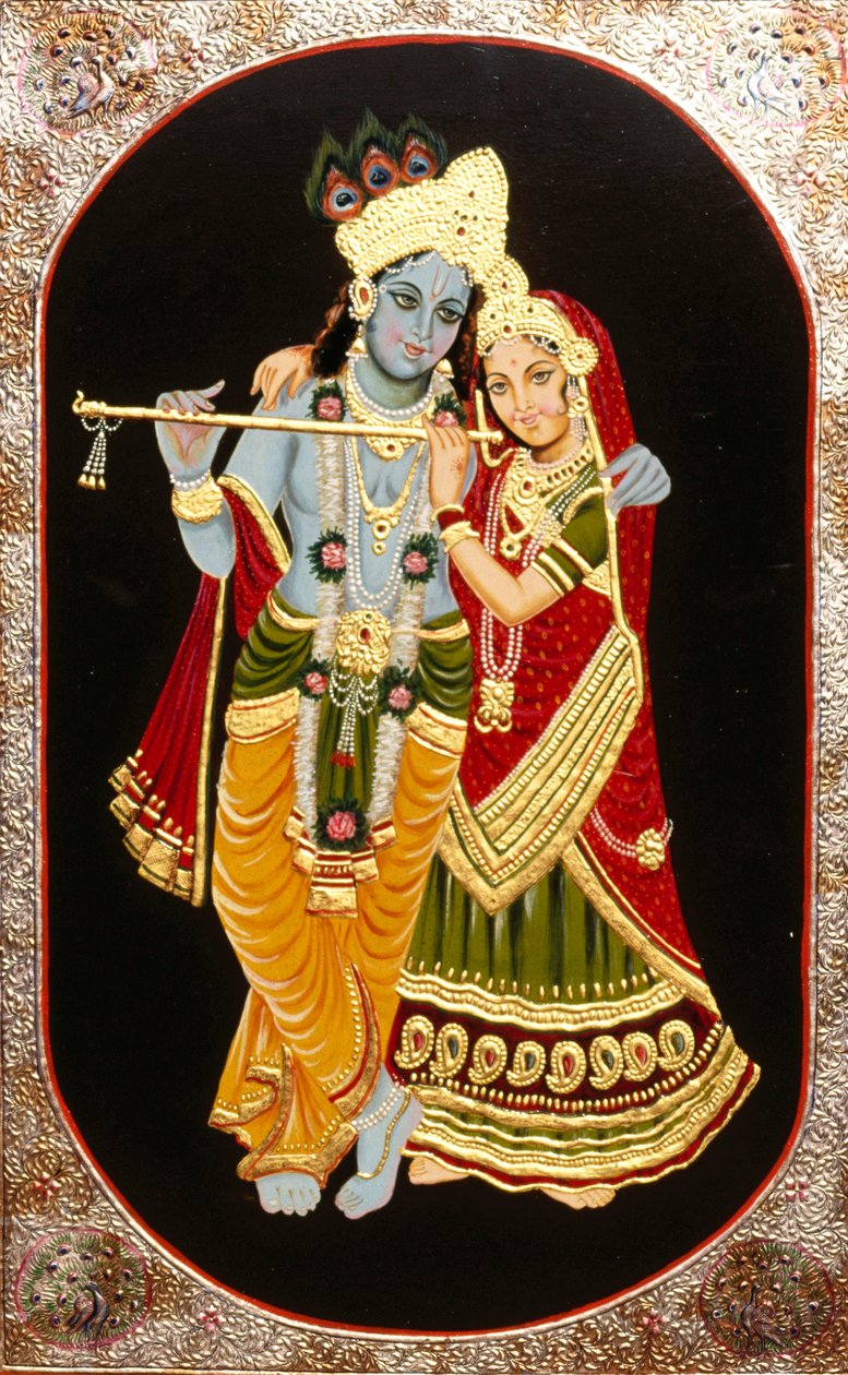 Pintura de Dios Krishna y su mayor devota Radha, India de School Indian