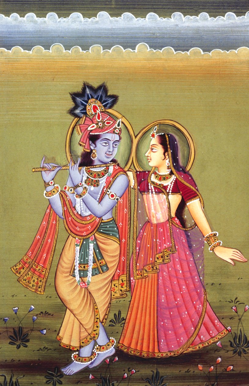 Pintura de Dios Krishna y su mayor devota Radha, India de School Indian