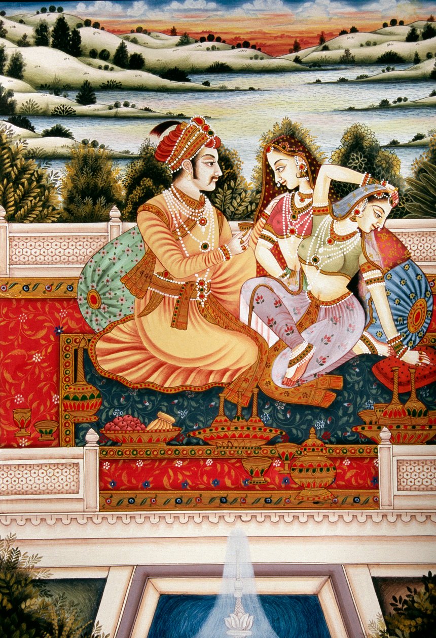 Pintura de un emperador mogol con sus esposas en una escena de amor, India de School Indian