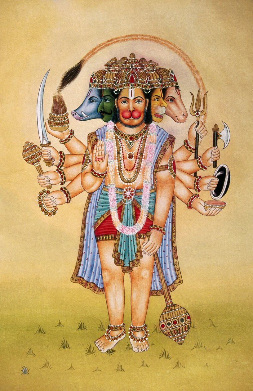 Panchmukhi Señor Hanuman Pintura en miniatura sobre papel de School Indian