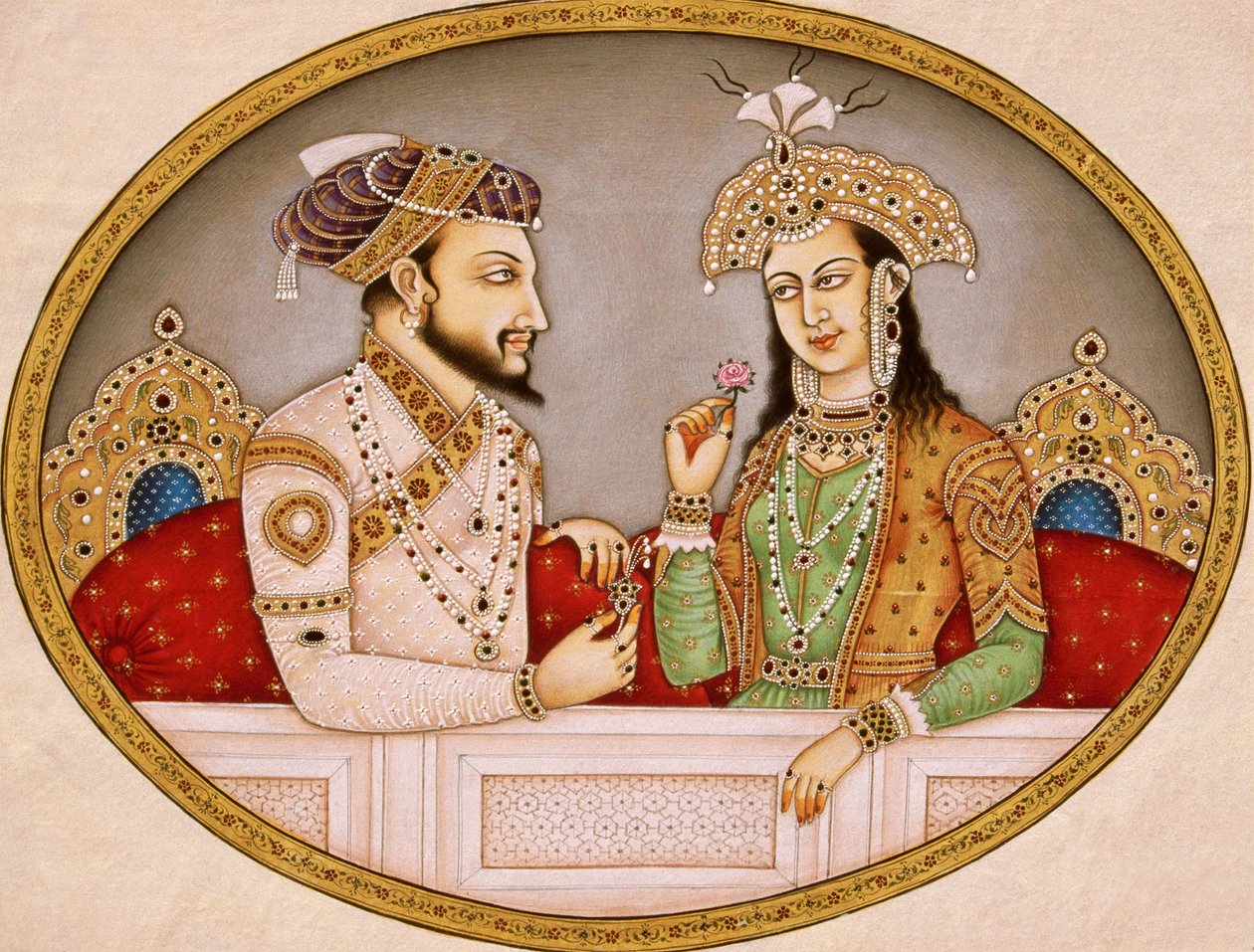 Retrato del emperador mogol Shahjahan con la reina Mumtaz Mahal, India de School Indian