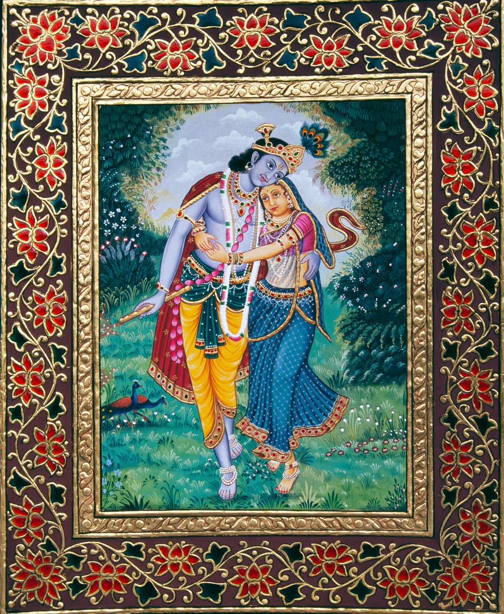 Radha Krishna Pintura en miniatura sobre papel de School Indian