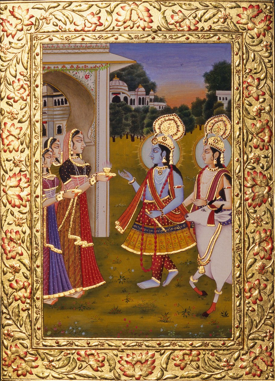 Radha Krishna Pintura en miniatura sobre papel con relieve dorado de School Indian