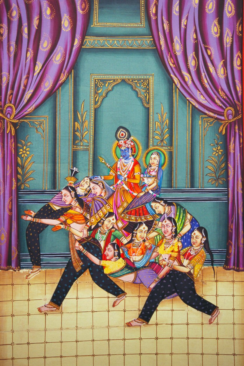 Radha Krishna con Sakhis Pintura en miniatura sobre papel de School Indian