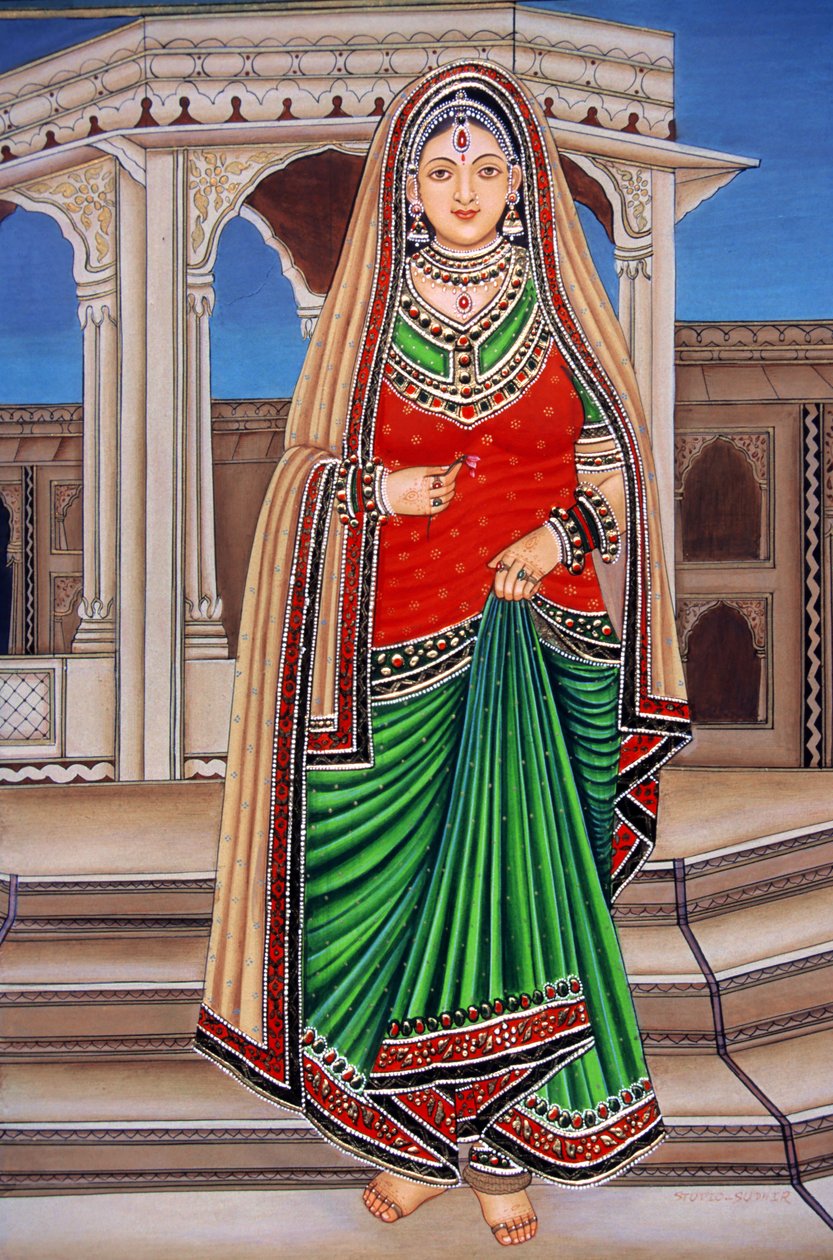 Pintura en miniatura sobre papel de una dama rajastaní en una cita de School Indian