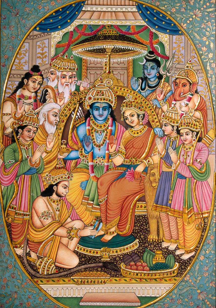 Ram-Darbar con otros dioses Pintura en miniatura sobre papel de School Indian