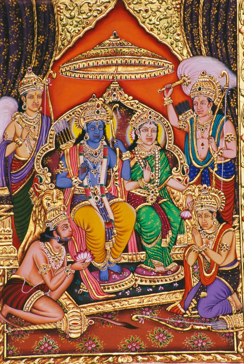 Ram Darbar Pintura en miniatura sobre papel con relieve de School Indian