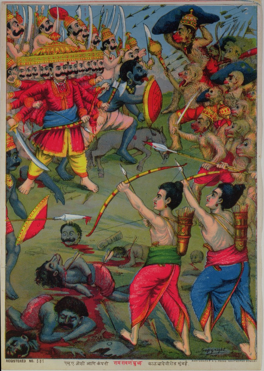 Rama y Lakshmana en batalla con Ravana, epopeya Ramayana, c.1914 (cromolito) de School Indian