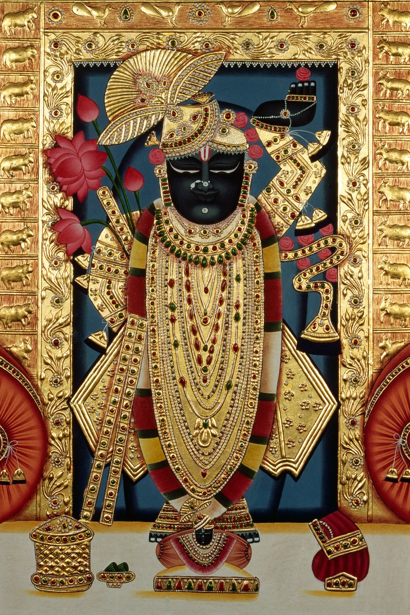 Shri Lord Shree Nathji O Shreenathji en Nathdwara Pintura en miniatura sobre papel con relieve dorado de School Indian