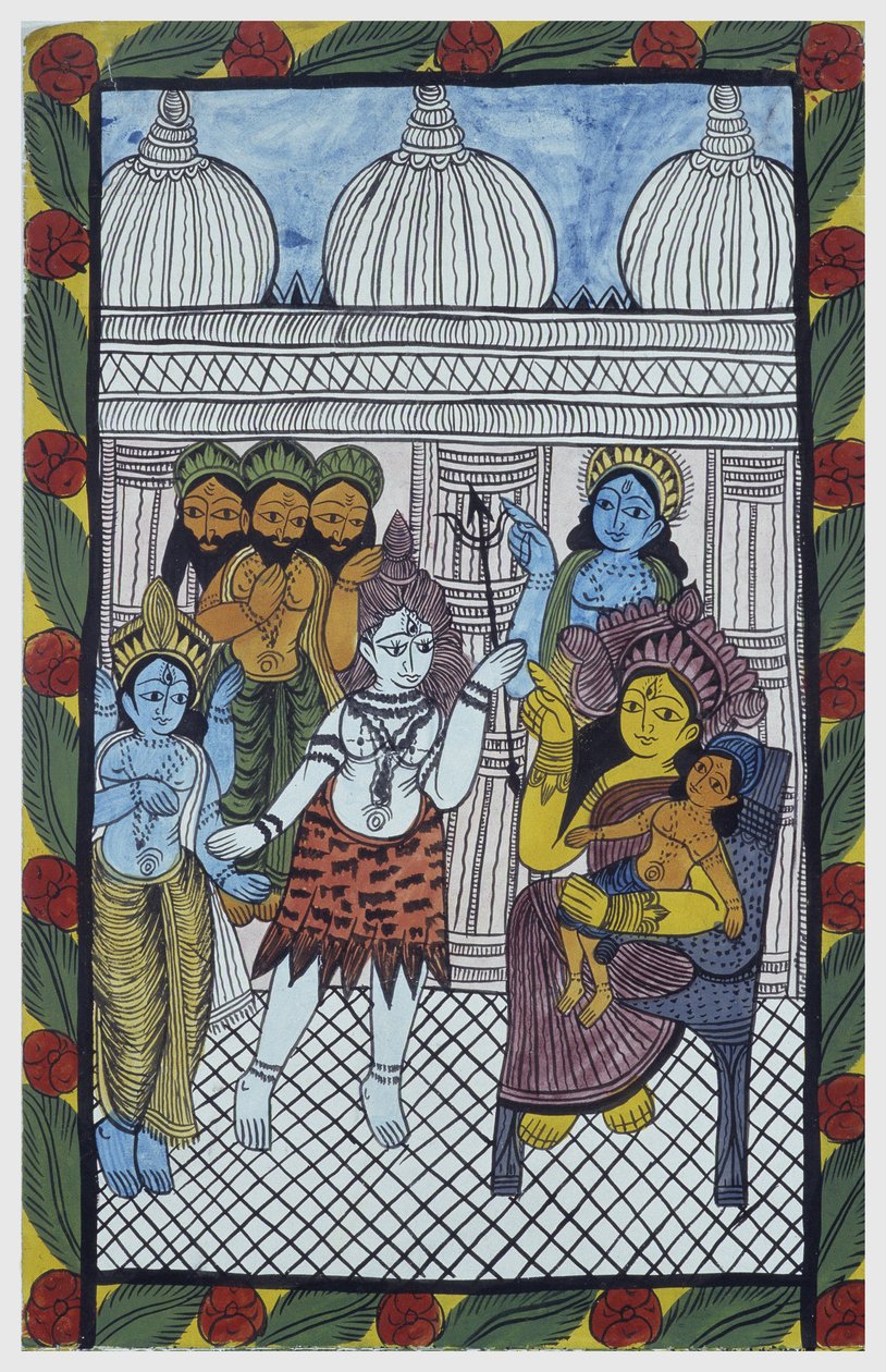 Los dioses vienen a admirar a Krishna, encarnado en el cuerpo de un hermoso niño, Ganesha (Ganesh o Ganapati) sentado en las rodillas de su madre Parvati. Pat: rollo pintado de la región de Bengala, que sirve como medio narrativo para los cantantes Baoul ( de School Indian