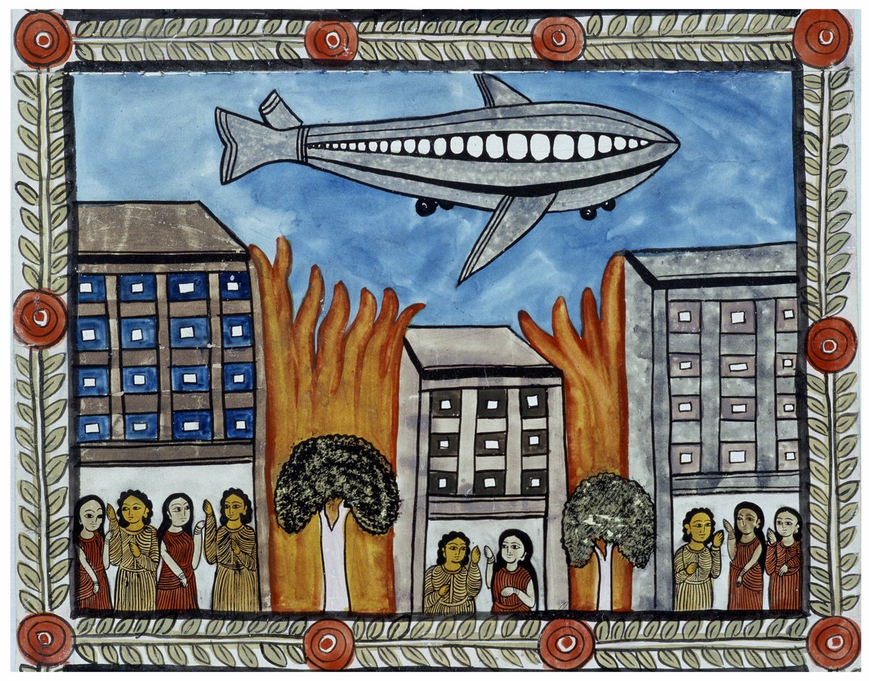 La historia de los ataques del 11 de septiembre de 2001 contada por los vendedores ambulantes Baul de Bengala. Pintura, serie, número 6/9, Bengala. de School Indian
