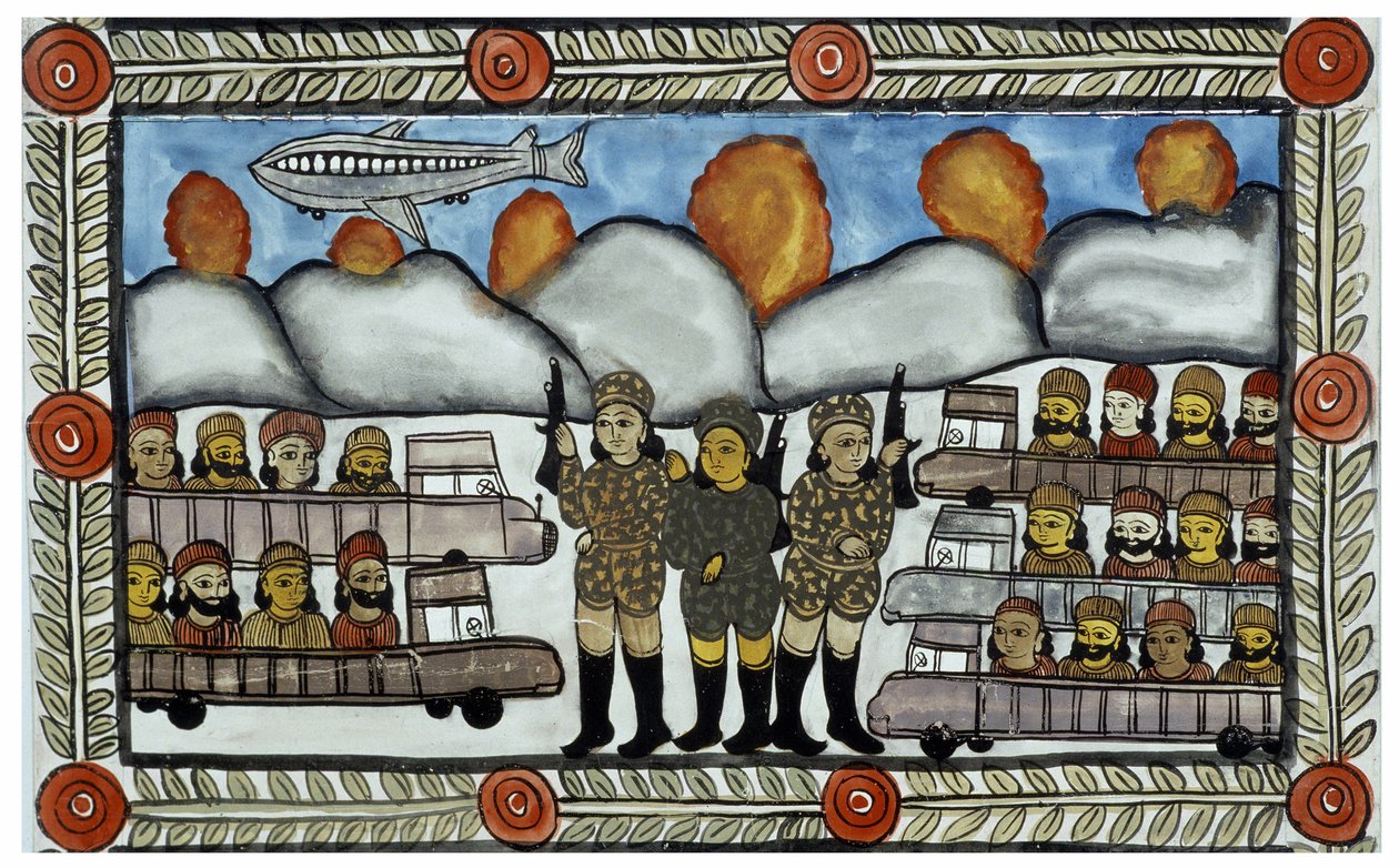 La historia de los atentados del 11 de septiembre de 2001 contada por los vendedores ambulantes Baul de Bengala. Pintura, serie, número 8/9, Bengala de School Indian