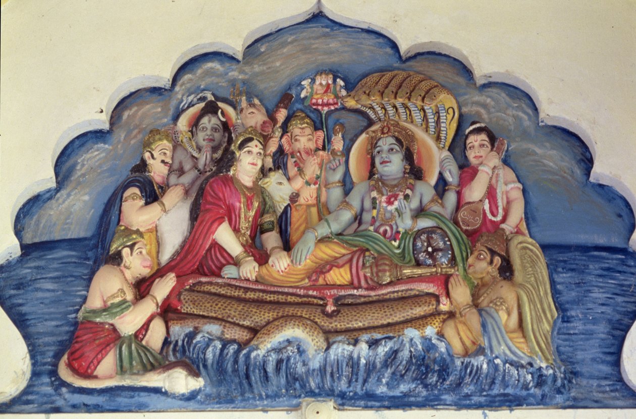 Vishnu Narayana, flotando sobre Sheshanaga (relieve pintado) de School Indian