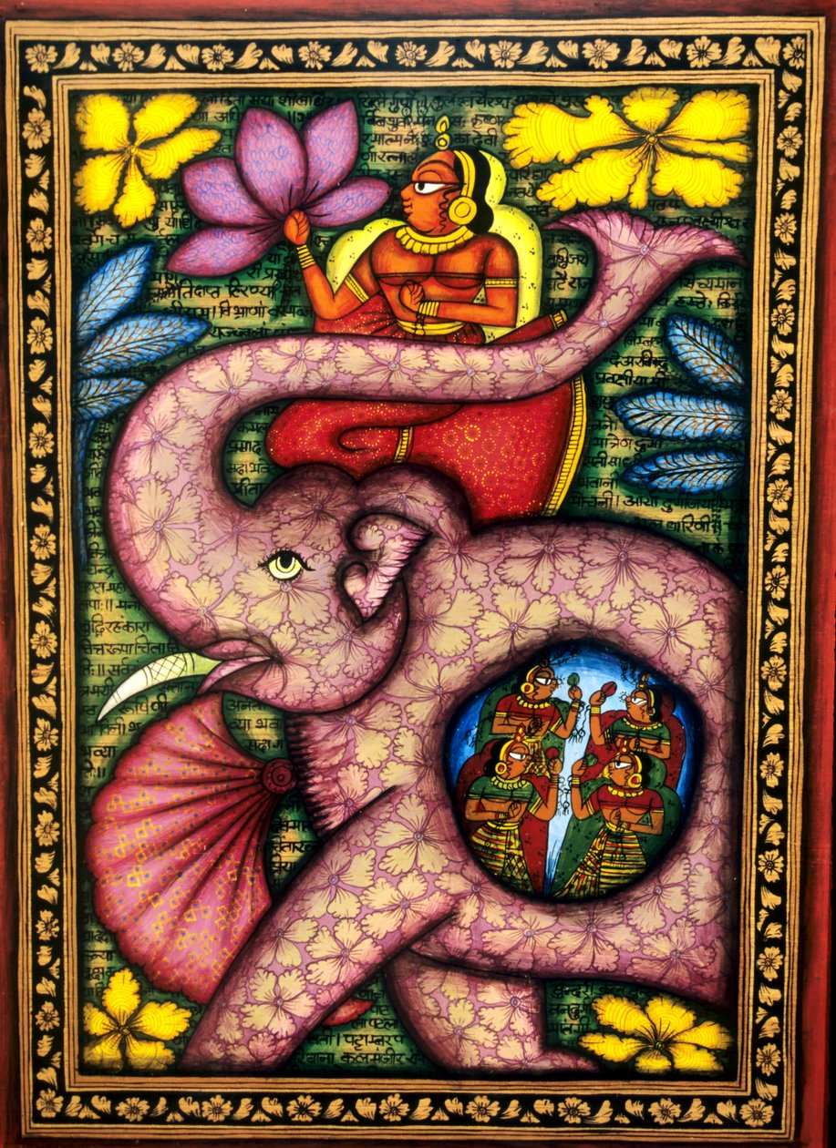 Pintura en miniatura de una mujer sentada en un elefante con una flor en la mano, India de School Indian