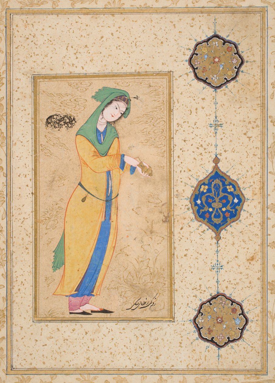 Houri de pie en un jardín (acuarela opaca sobre papel) de School Iranian