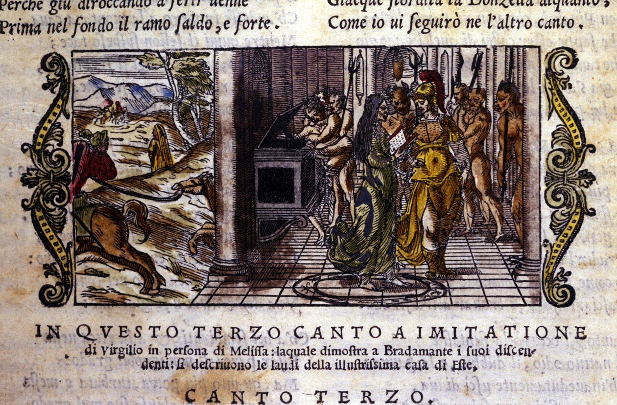 Bradamante se encuentra con la maga Melisse quien le dice que ella y Roger fundaron la dinastía Este. Escena del poema caballeresco “Orlando Furioso” de Ludovico Ariosto (Canto III) de School Italian