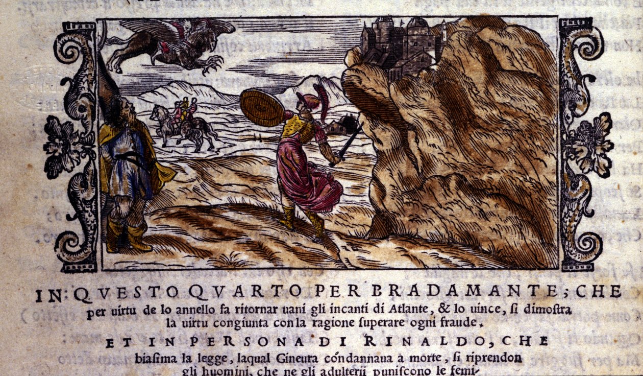 Bradamante le arranca a Brunel su anillo encantador, gracias al cual derrota el poder de Atlante y libera a Roger, escena del poema caballeresco “Orlando Furioso” de Ludovico Ariosto (1474 - 1533) de School Italian