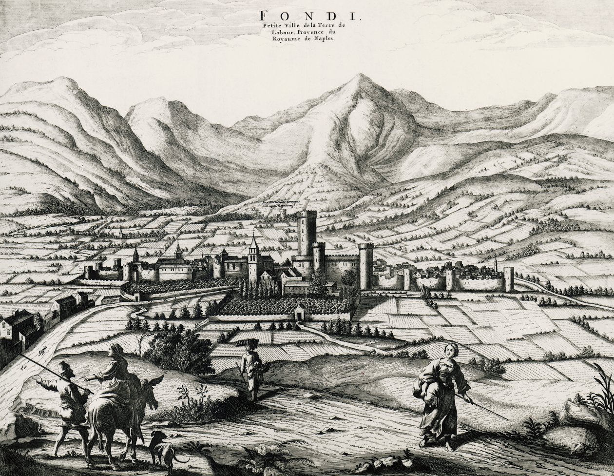 Ciudad de Fundi en Lacio, grabado, Italia de School Italian