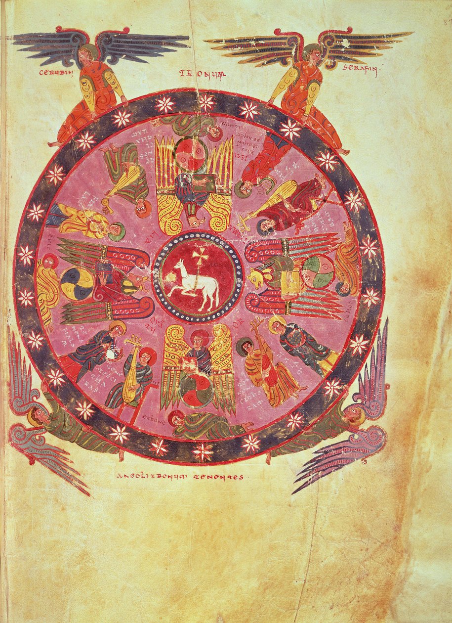 Ms. M. 644 f.87 Apocalipsis 4:4 Adoración del Cordero por los veinticuatro Ancianos, copia del "Comentario al Apocalipsis" de Beato de Liébana y Valcavado, 776 (vitela) de School Italian