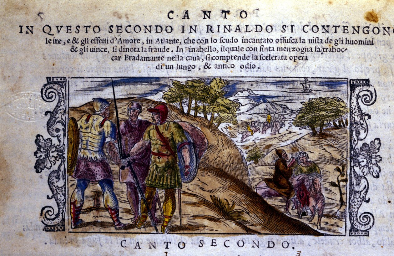 A la derecha Angélica se encuentra con un ermitaño que detendrá la lucha entre Renaud y Sacripant por el caballo Bayard. Escena tomada del poema caballeresco 