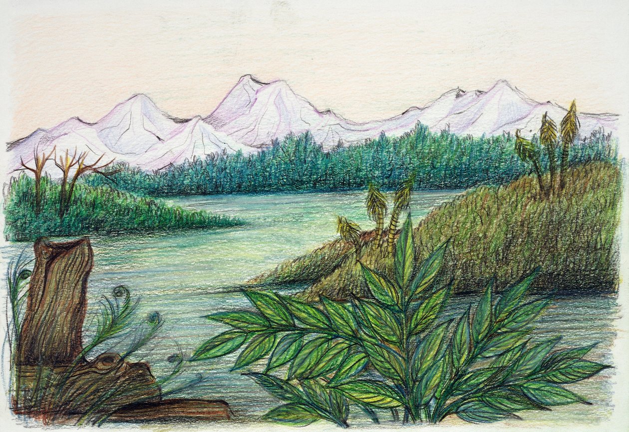 Prehistoria - reconstrucción del entorno natural (litografía en color) de School Italian
