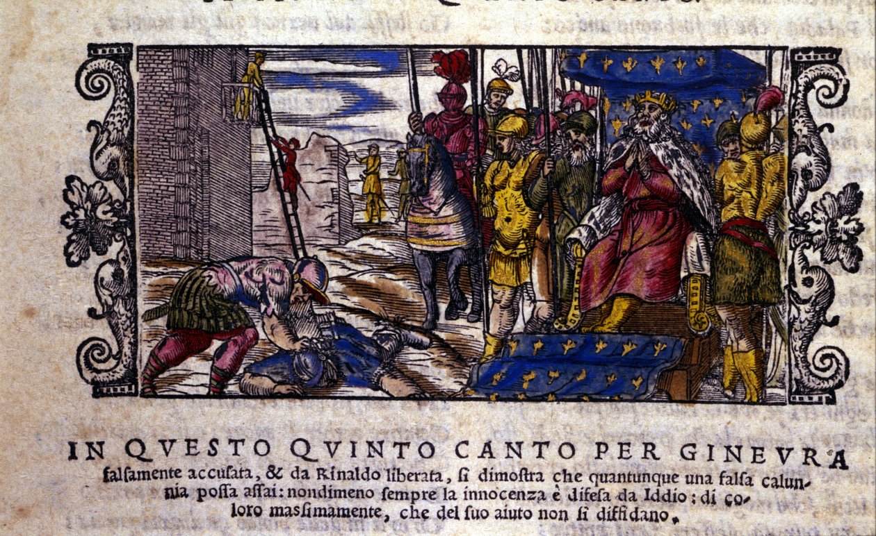 La princesa Ginebra es inocente y la lucha entre la calumnia y el caballero desconocido que vino a defender a Ginebra es interrumpida. Escena del poema caballeresco 