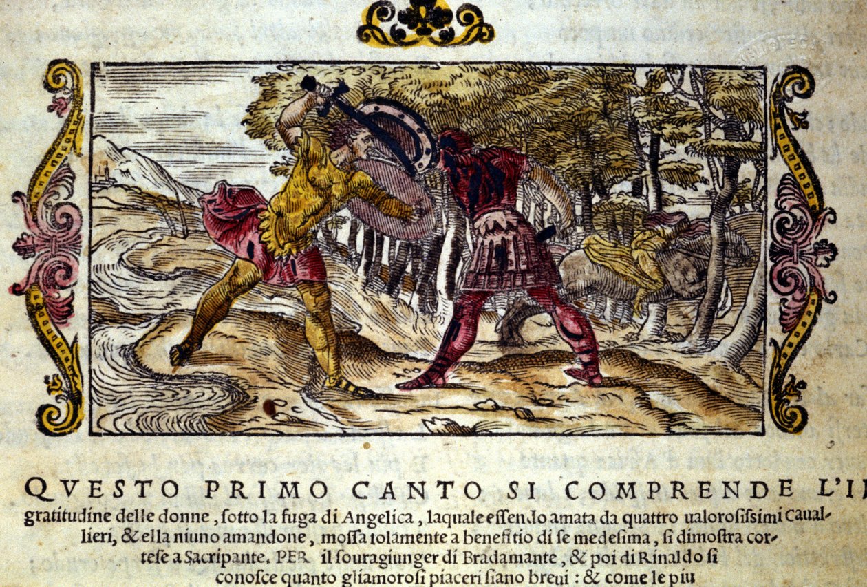 Representación de la lucha entre Ferragus y Renaud, ambos enamorados de la bella Angélica. Escena del poema caballeresco “Orlando Furioso” de Ludovico Ariosto de School Italian