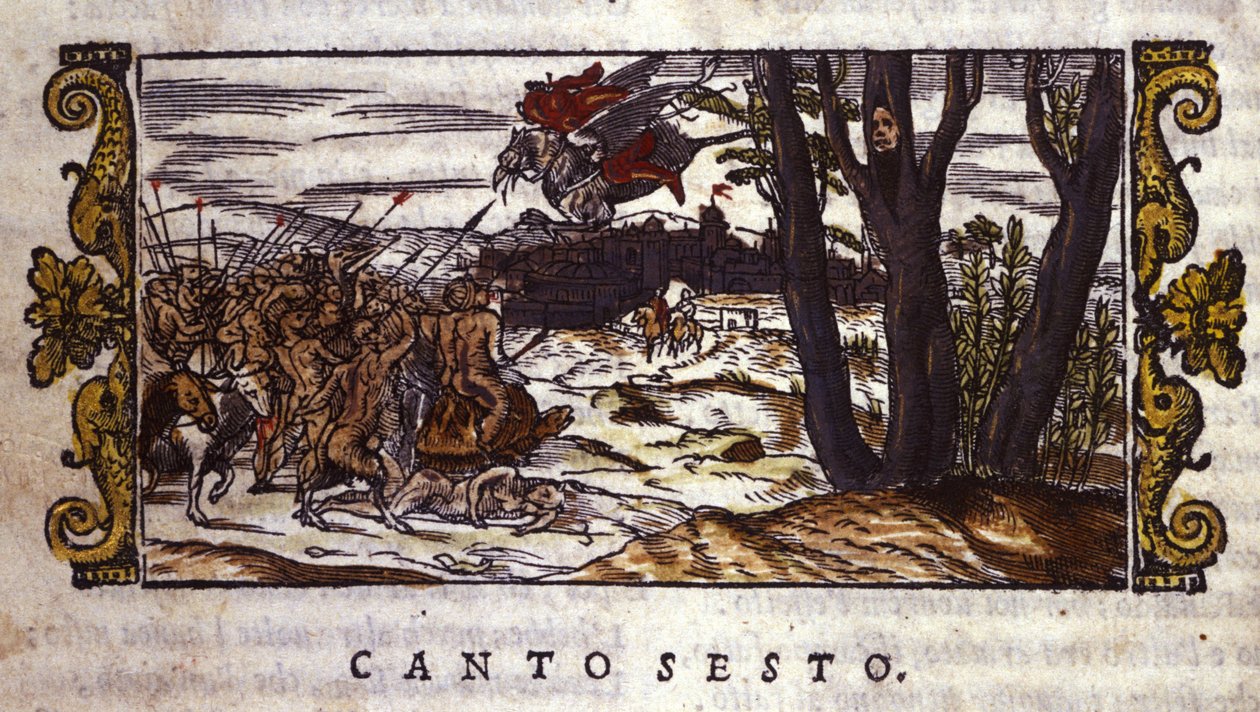 Ruggiero es llevado por el hipogrifo a la isla de Alcina donde es atacado por un ejército de monstruos, escena de "Orlando Furioso" de Ludovico Ariosto (1474-1533) de School Italian