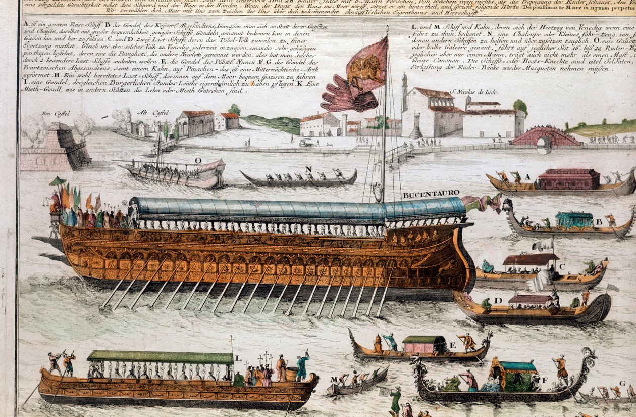 Vista de la laguna de Venecia y el Bucentauro. El Día de la Ascensión, el Dogo cruzaba la laguna de Venecia para llegar a la boca del mar abierto a bordo de un barco llamado el Bucentauro. Grabado. Venecia, Museo Correr de School Italian