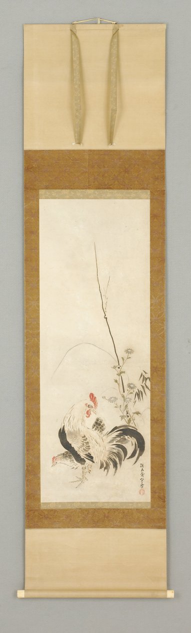 Kakemono, gallo y gallina con flores de Japanese School