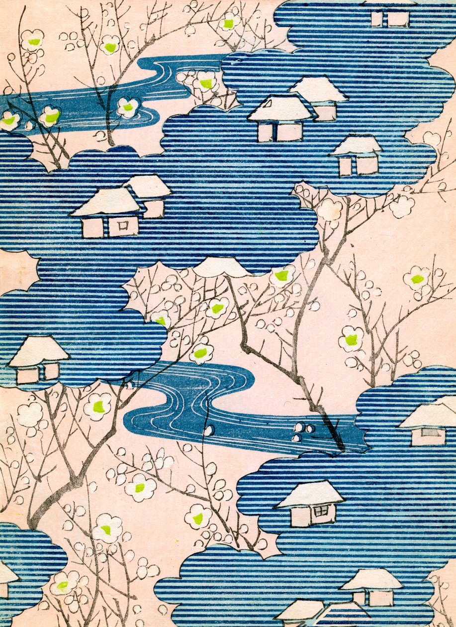 Patrón para un diseño de kimono: Cabañas con ríos y cerezos en flor, c.1900 (xilografía en color) de School Japanese