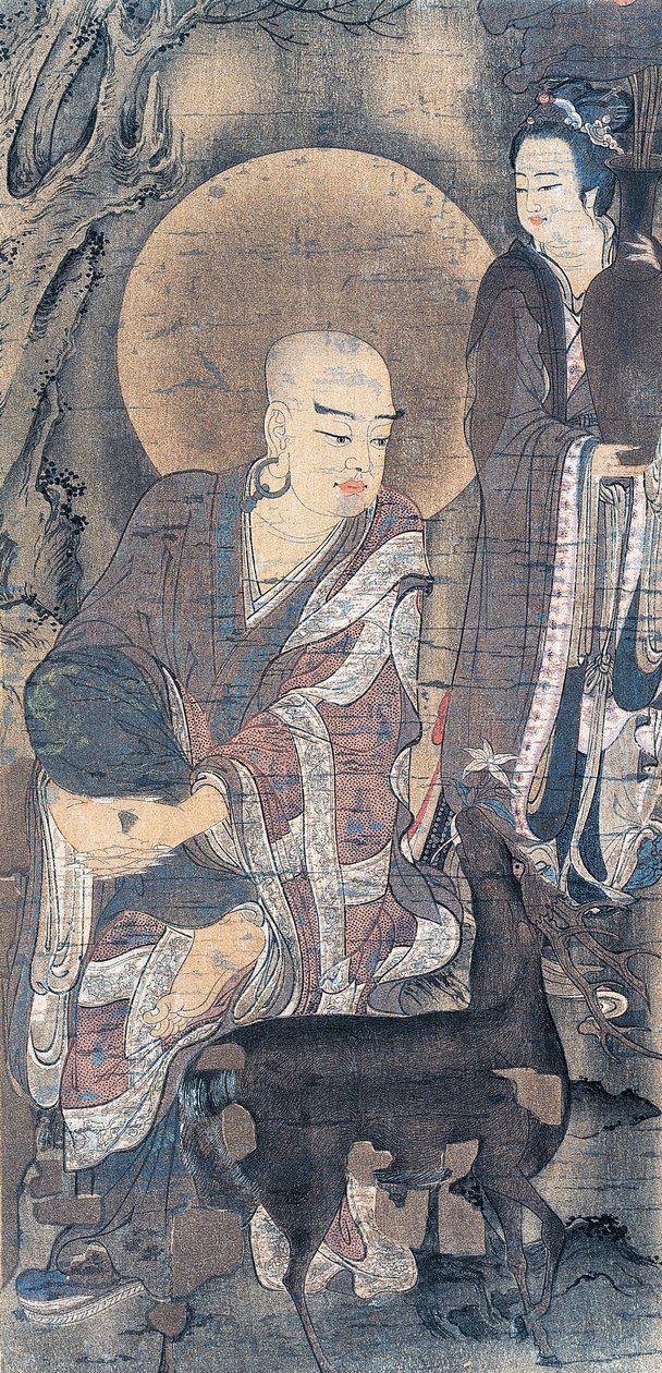 Pintura religiosa que representa a un joven monje con un ciervo, pintura sobre seda, civilización japonesa, período Heian, 794-1185 de School Japanese