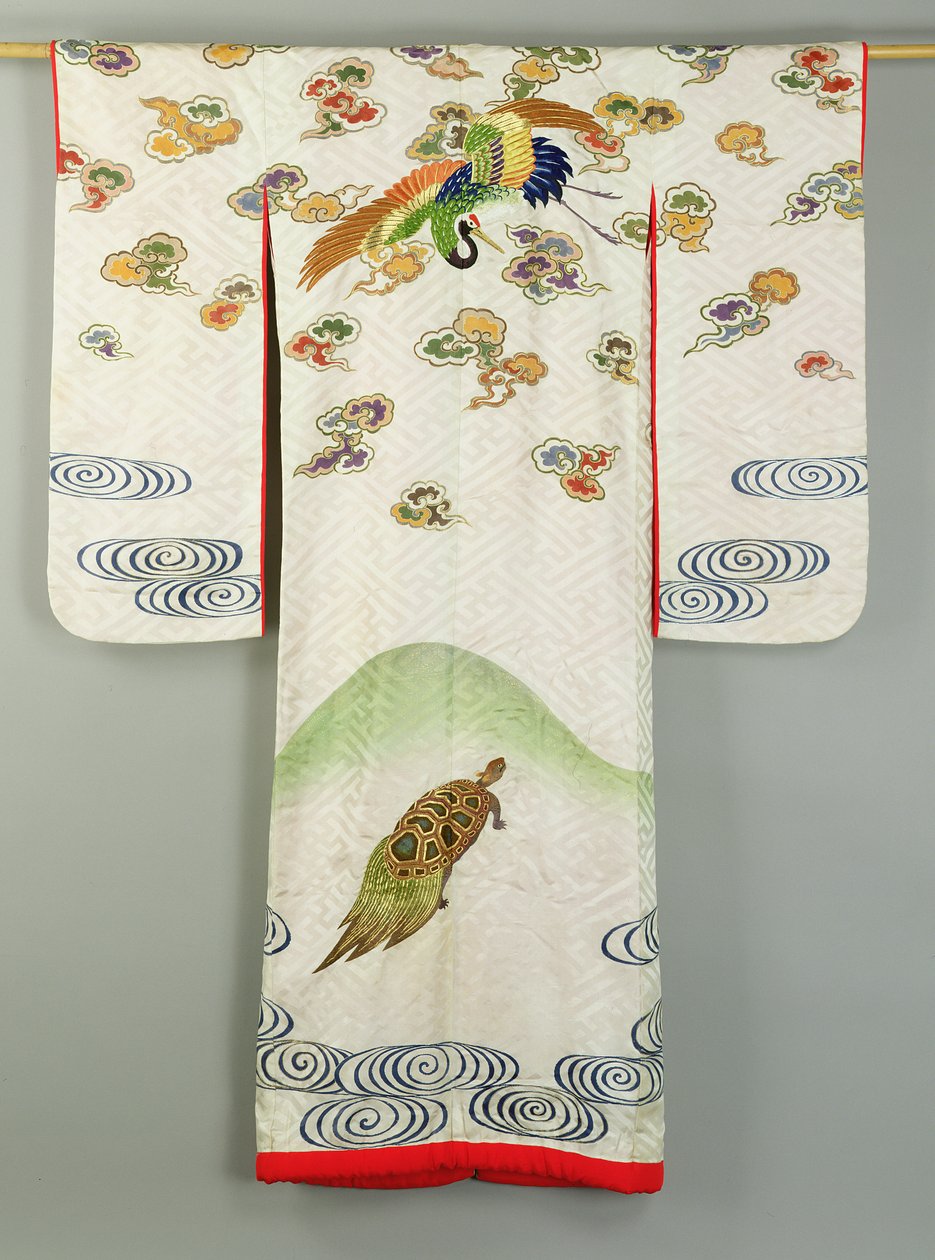 Albornoz de boda Uchikake decorado con una grulla y una tortuga (textil) de School Japanese