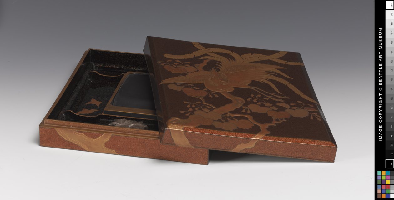 Caja de escritura, piedra de tinta, contenedor de agua (laca y piedra) de Japanese School