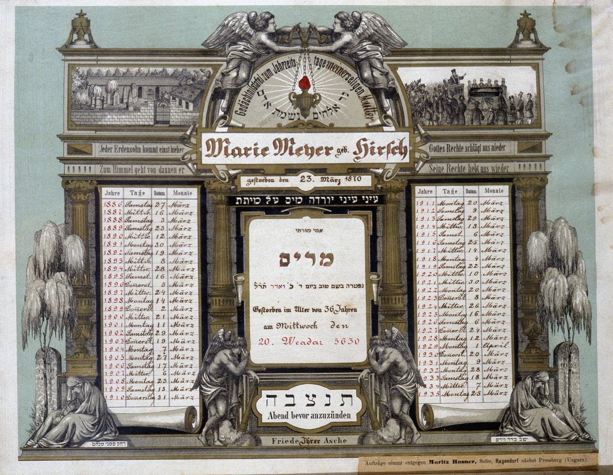 Calendario memorial para Servicios Funerarios Futuros de un pariente cercano fallecido. Pintura de Jahrzeit. Museo Judío de Basilea, Suiza. de School Jewish