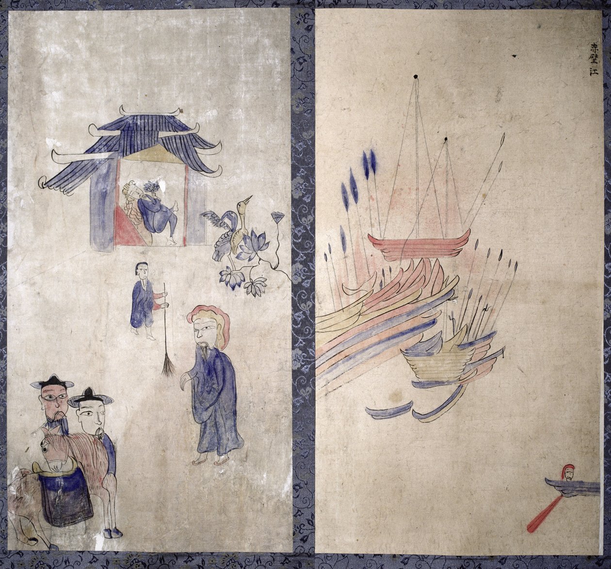 Panel de un biombo que representa una historia de los tres reinos (pigmentos naturales sobre papel) de School Korean
