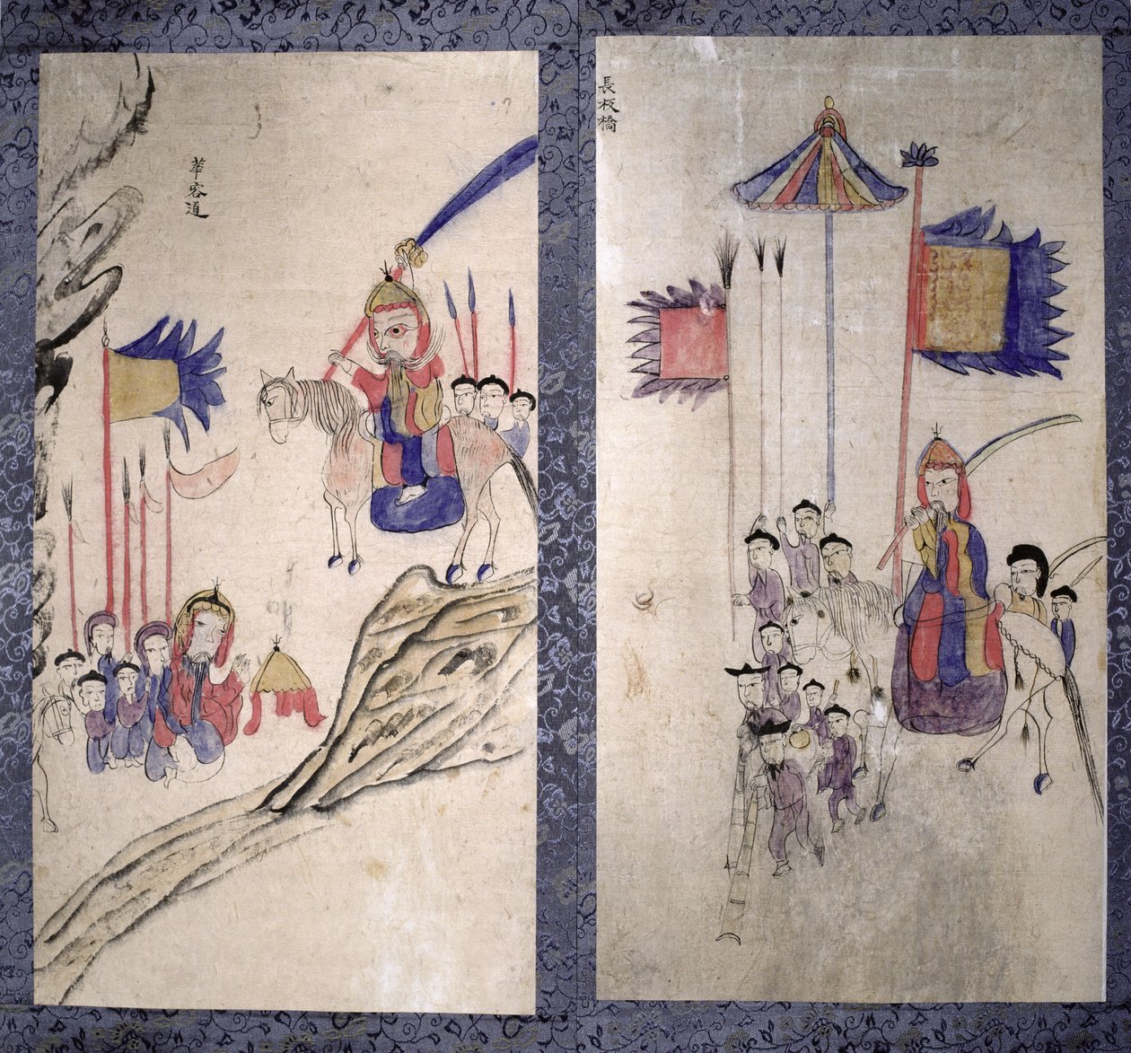 Panel de un biombo que representa una historia de los tres reinos (pigmentos naturales sobre papel) de School Korean