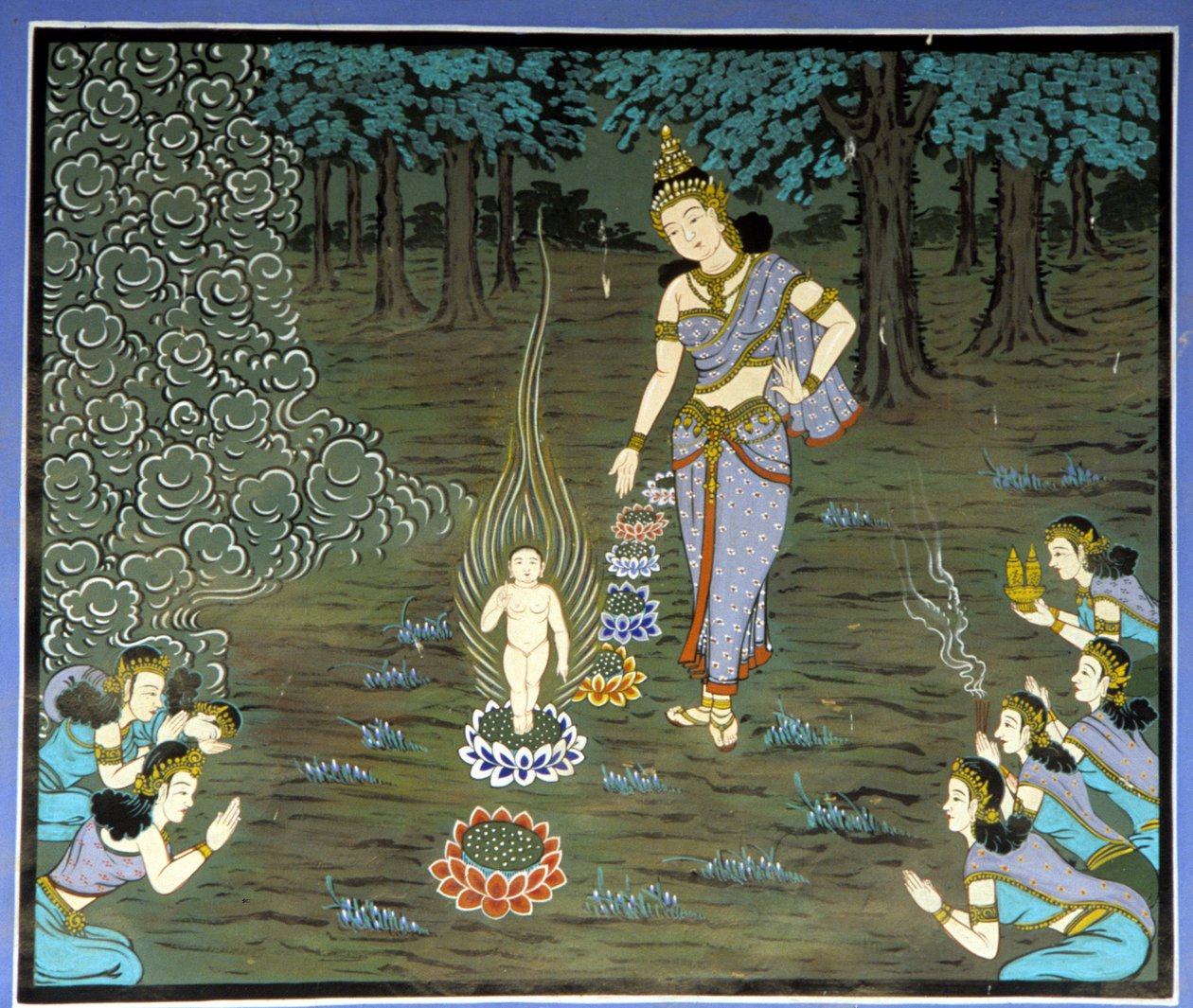 Nacimiento de Buda. Fresco en el Templo Yongju, región de Suwon, Corea de School Korean