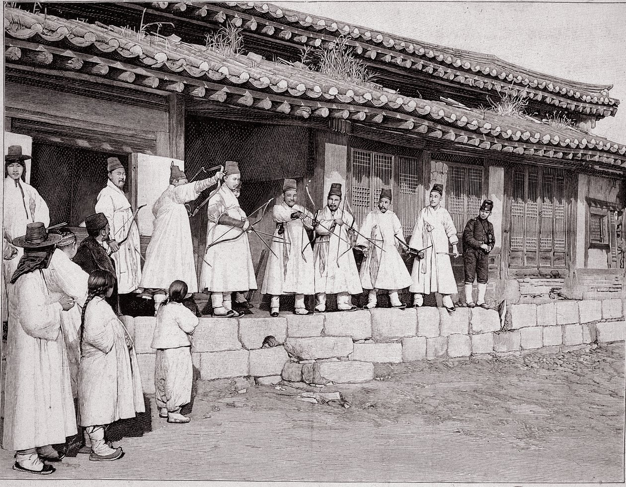 Arqueros en el antiguo palacio de Seúl, Corea, finales del siglo XIX de School Korean