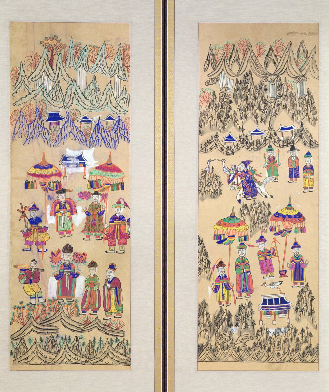 Dos paneles de un biombo de ocho pliegues que representan "Pinturas del chamanismo" (colores sobre papel) de School Korean
