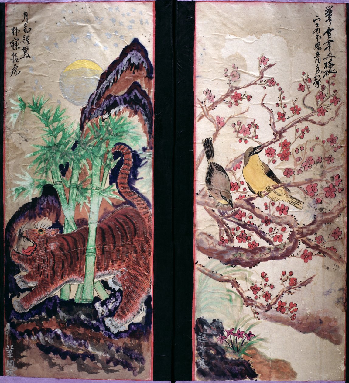 Dos paneles de un biombo de ocho pliegues que representan pájaros y flores (pigmentos naturales sobre papel) de School Korean