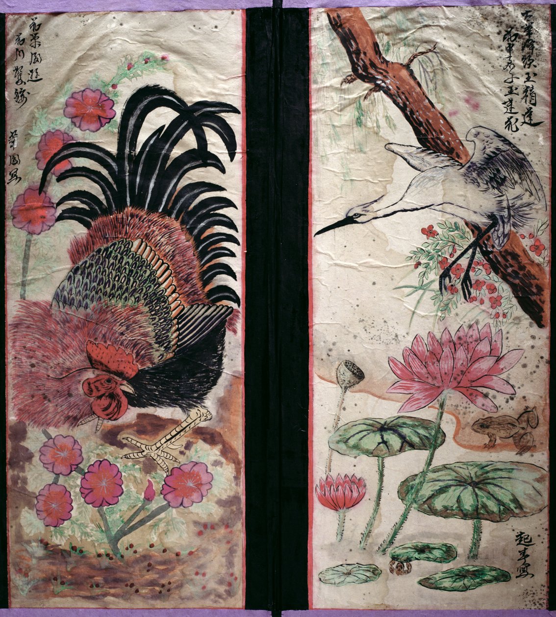 Dos paneles de un biombo de ocho pliegues que representan pájaros y flores (pigmentos naturales sobre papel) de School Korean